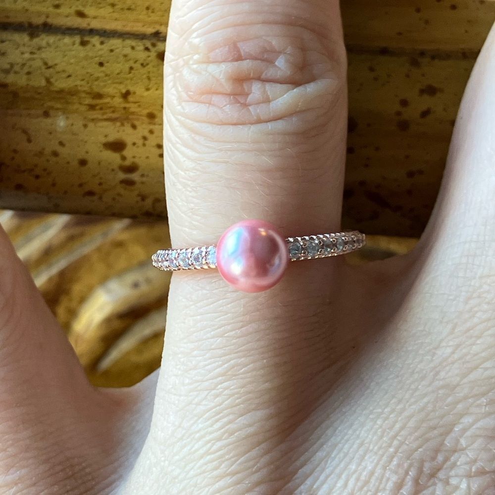Judith Ripka Simulated Pink Pearl White Diamond Sterling Silver Ring Size 9